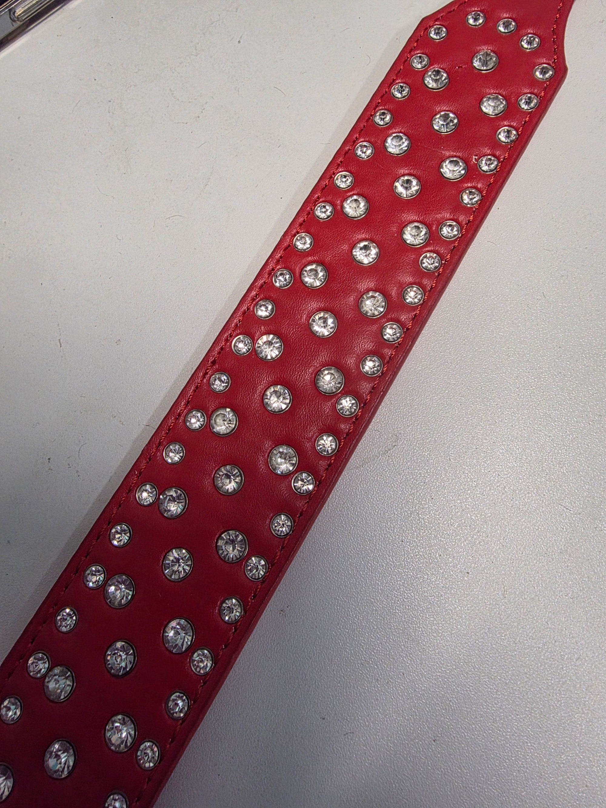 Dog Collar PU Leather Red with Diamonds Large