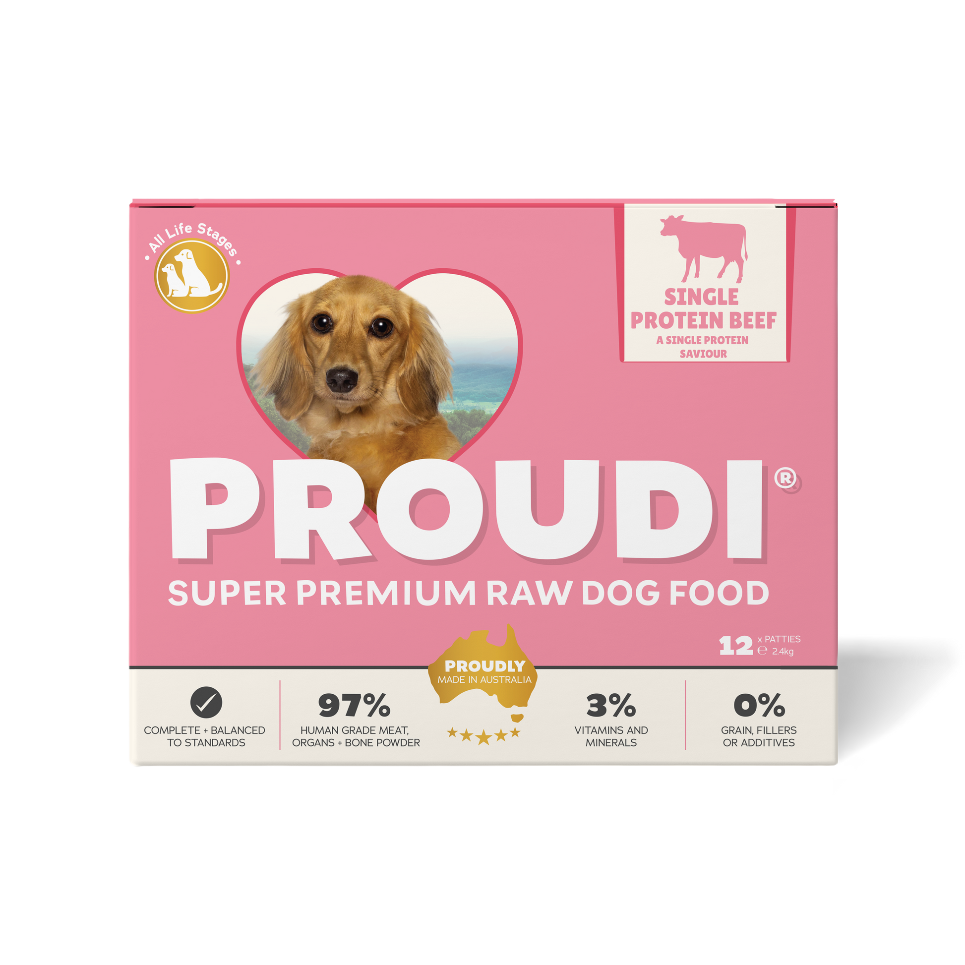 Proudi Single Protein Beef Raw patties for dogs 2.4kg