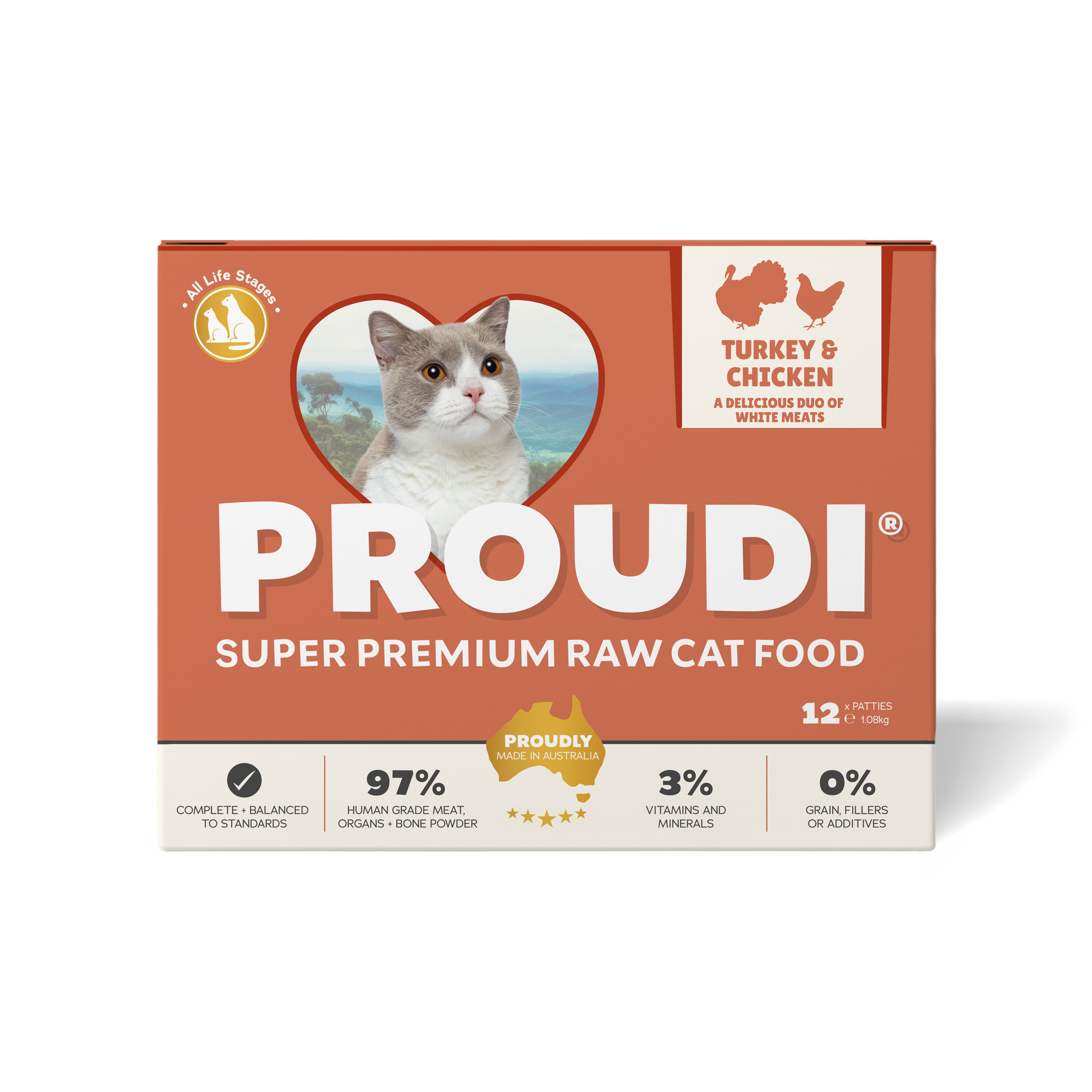 Proudi Turkey and Chicken Raw Patties for cats 1.08kg