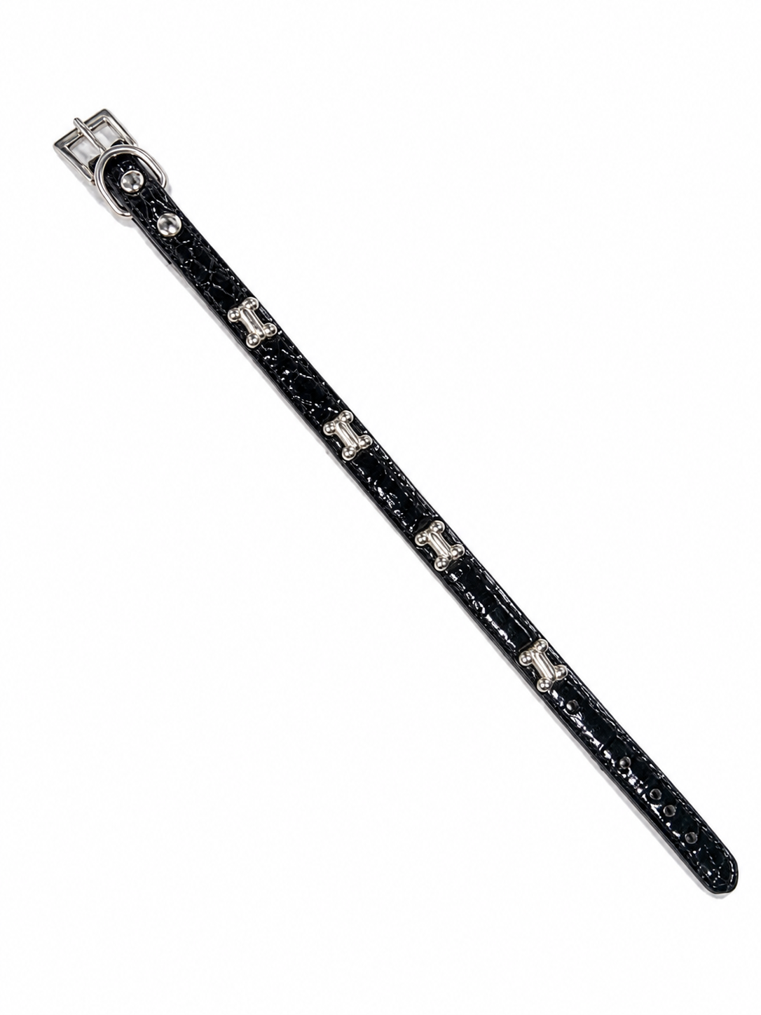 Leather Dog Collar Black and Silver bones 36cm
