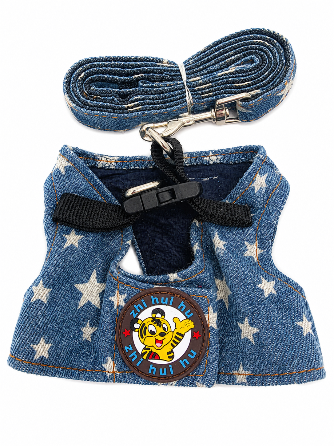 Denim Pattern with stars. Dog Harness and Lead Set Small