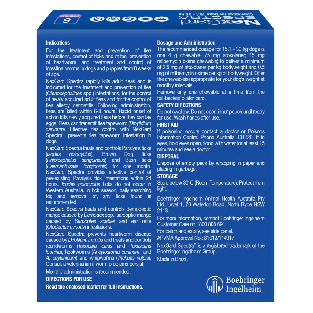 NexGard Spectra 15.1-30kg Dog 6 Pack