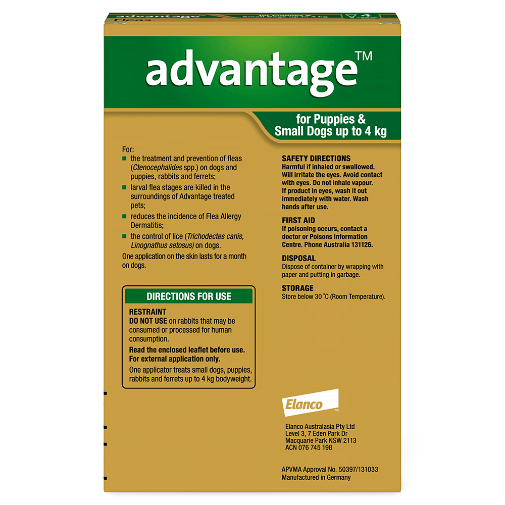 Advantage Flea Control for Puppies and Small Dogs up to 4kg 4 Pack