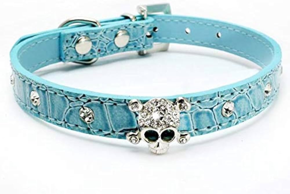 Dog Collar Leather with diamonds and Skull Bling 42cm